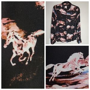 ICHI Horse Print Long Sleeve Button Down Shirt Black Pink Size 34 XS/S Viscose